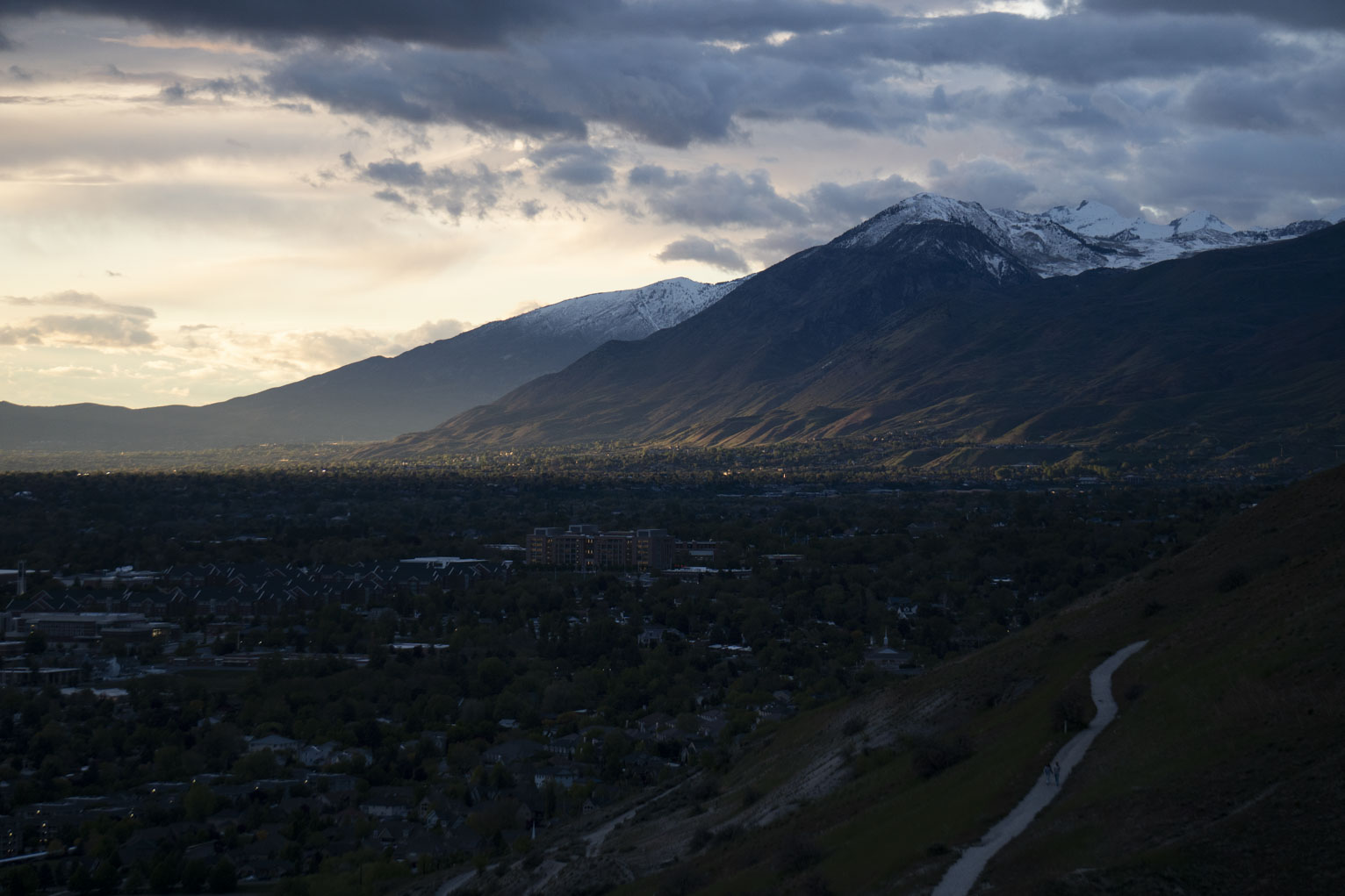 Timpanogos foothills lit through a break in the clouds